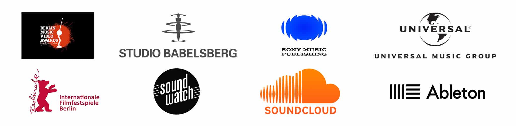 Berlin Music Video Awards, Studio Babelsberg, Sony Music Publishing, Universal Music Group, Sound Watch, Soundcloud, Ableton, and Internationale Filmfestspiele Berlin logos