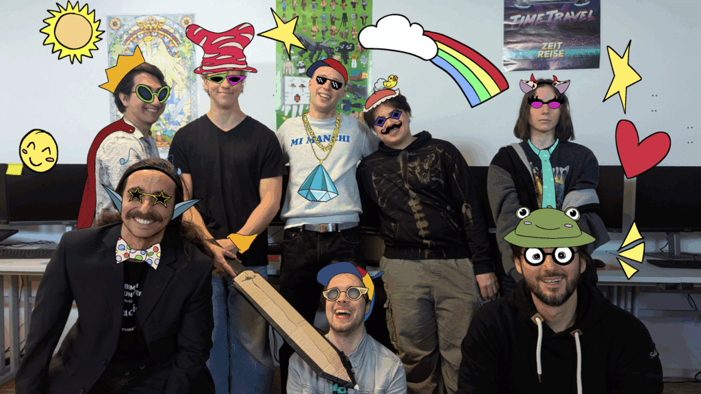 Head of School Dr Enrique Pérez (bottom left) and Course Leader Mischa Wasmuth (bottom right) pictured with Games Design and Development students